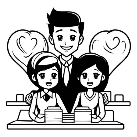 Cute family cartoon in black and white vector illustration graph