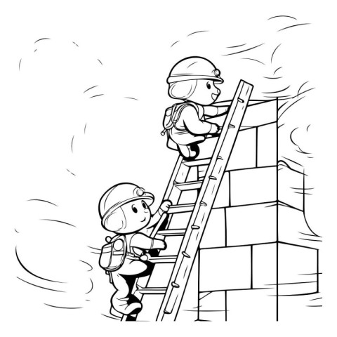 Vector illustration of a boy and girl climbing a ladder on a wal