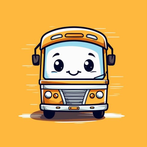 Cute school bus cartoon character. Vector illustration on yellow