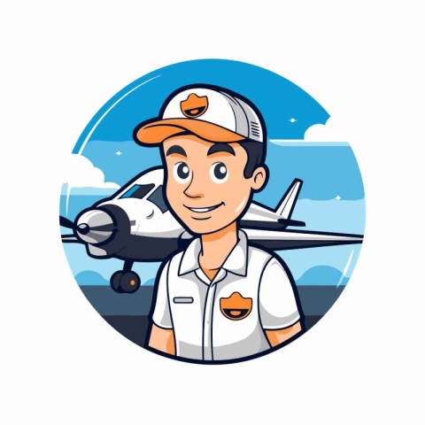 Airplane pilot with airplane. Vector illustration in cartoon sty