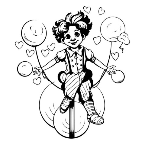 Illustration of a circus clown riding a unicycle and juggling ba