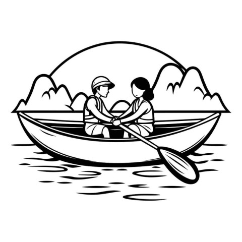 Couple in a boat on the lake. Black and white vector illustratio