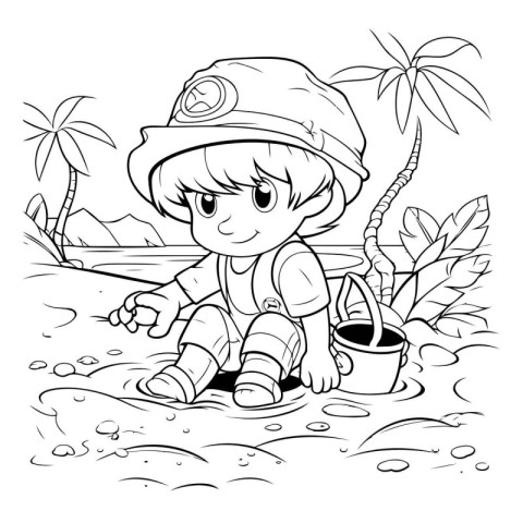 Boy playing on the beach. black and white vector illustration fo