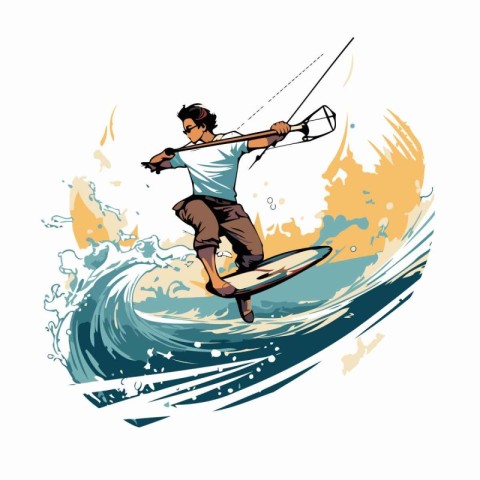 Kitesurfing sport vector illustration. Man surfing on wave.