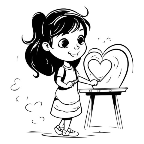 Cute little girl drawing heart on the table. Vector illustration