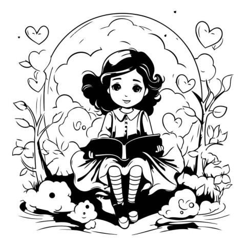 Little girl reading a book in the park. Black and white vector i