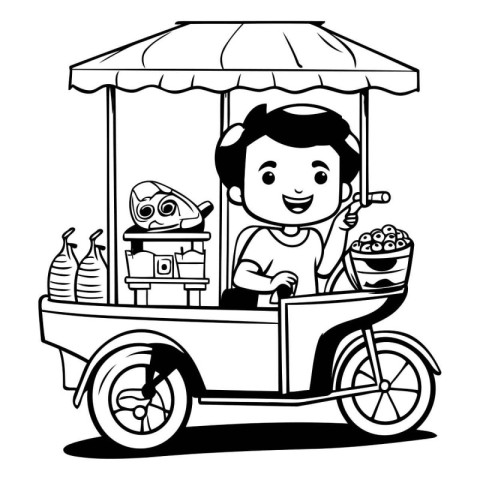 Cute cartoon man riding a cart with food. Vector illustration.