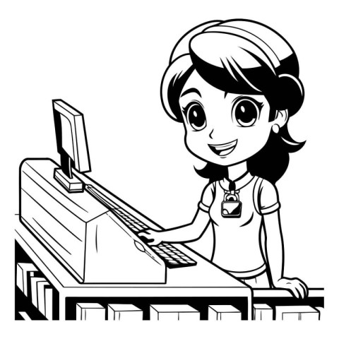 Teenager girl playing computer cartoon in black and white vector