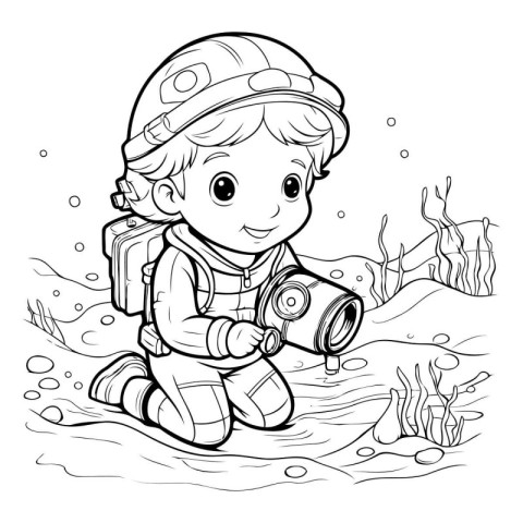 Coloring Page Outline Of a Cute Little Boy Astronaut Exploring U