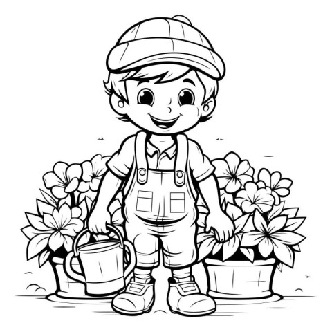 Outlined Gardener Boy Holding Watering Can and Flowers - Colorin