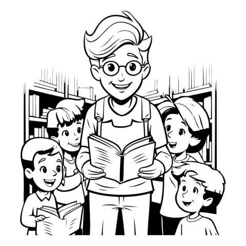 Teacher with students in the library. Black and white illustrati