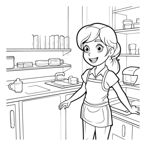 Black and white cartoon illustration of housewife standing in th