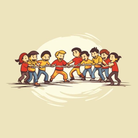 Group of kids playing tug of war. cartoon vector illustration gr