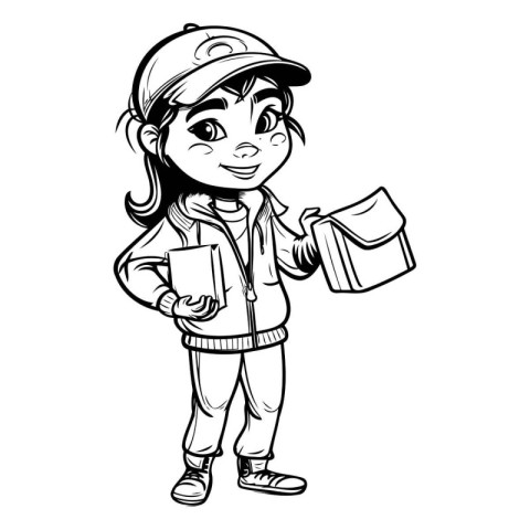 Cartoon illustration of a school girl holding a book and a penci