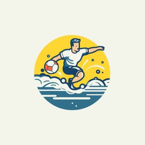 Soccer player with ball on the water. Vector illustration in fla