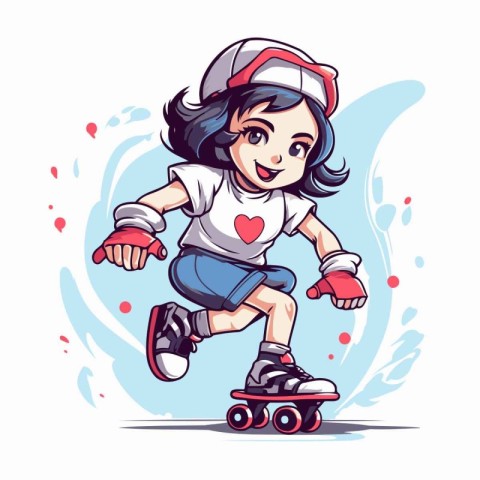 Cute cartoon girl riding on roller skates. Vector illustration.