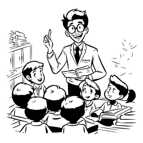 Teacher and students. Black and white illustration of teacher an
