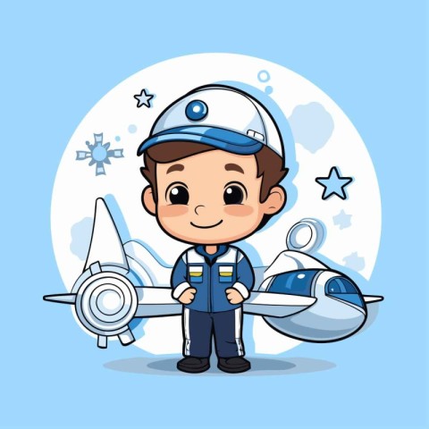 Cute boy pilot with airplane over blue background vector illustr