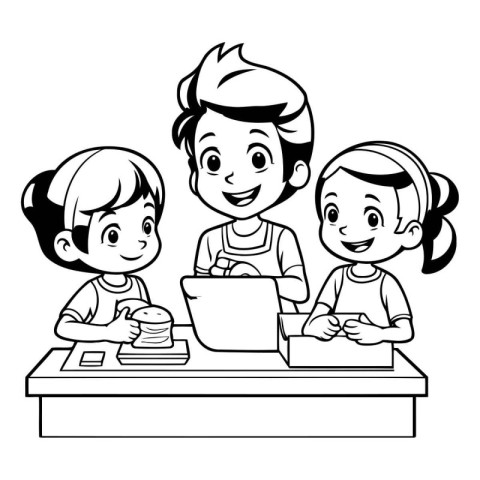 group of kids using laptop cartoon vector illustration graphic d