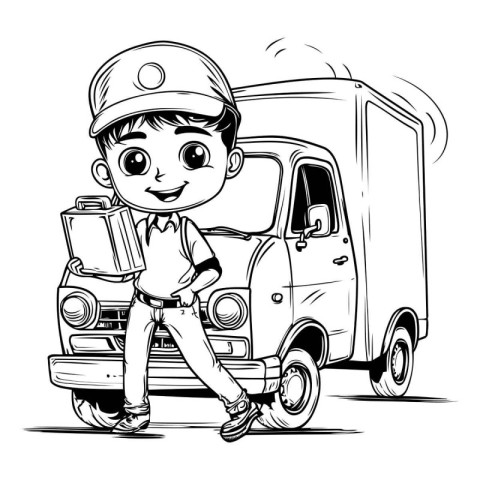 Cartoon delivery boy with truck. Vector illustration for your de