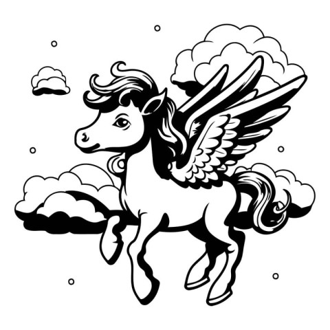 Unicorn with wings and clouds. Black and white vector illustrati