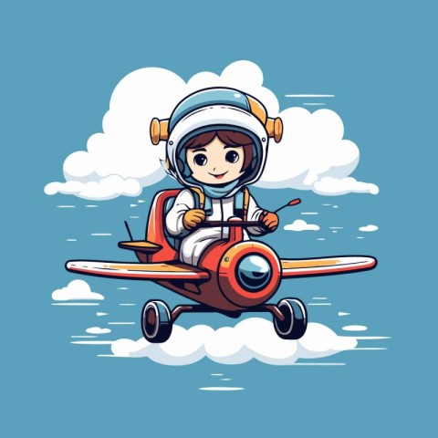 Cute cartoon little boy flying in an airplane. Vector illustrati