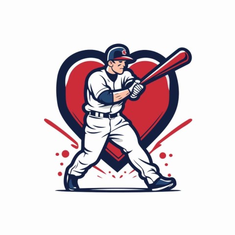 Baseball player with bat and ball in heart shape vector illustra