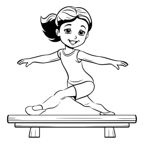 Girl jumping on a wooden platform. Black and white vector illust