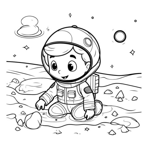 Coloring Page Outline Of a Kid Astronaut on the Moon