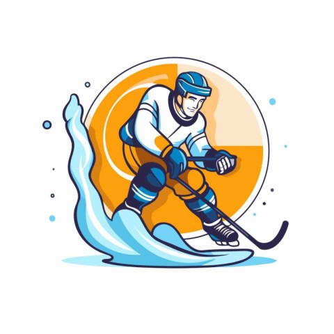 Ice hockey player with the stick and puck on ice. Vector illustr