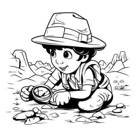 Illustration of a Kid Boy Searching for a Compass on the Rocks