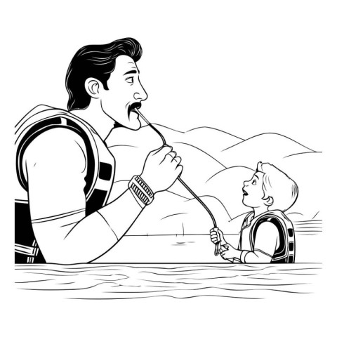 man with a fishing rod and a child in a boat. vector illustratio