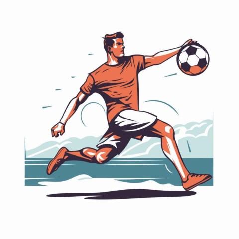 Soccer player kicks the ball. Vector illustration on a white bac