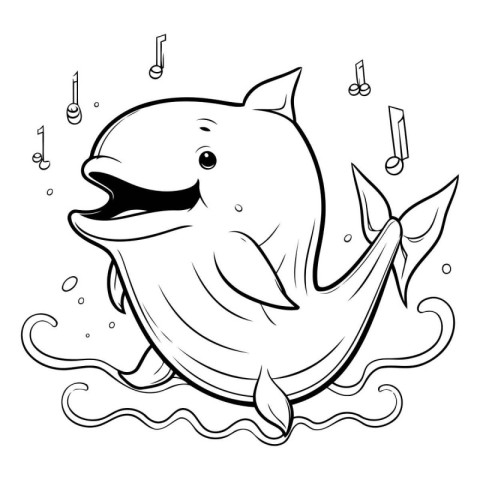 Dolphin with musical notes - black and white vector illustration