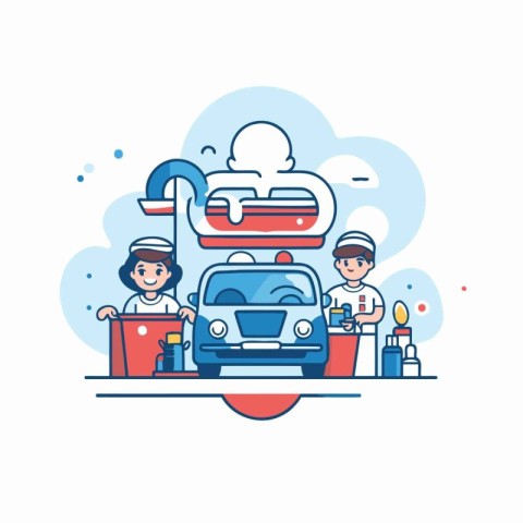 Car wash service. Vector illustration in thin line style. Flat d