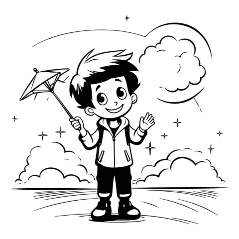 Boy with umbrella and raincoat. Vector illustration for coloring