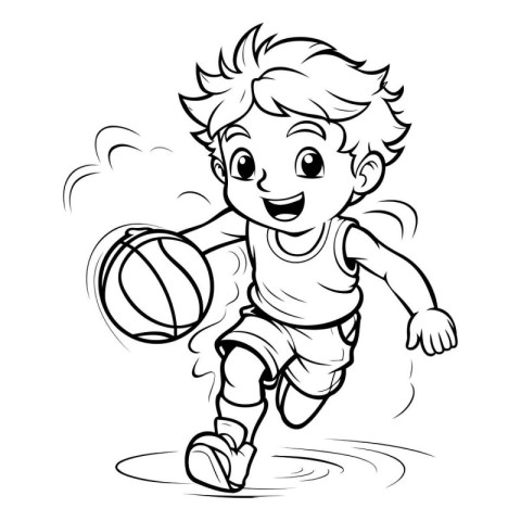 Black and White Cartoon Illustration of Kid Playing Basketball o