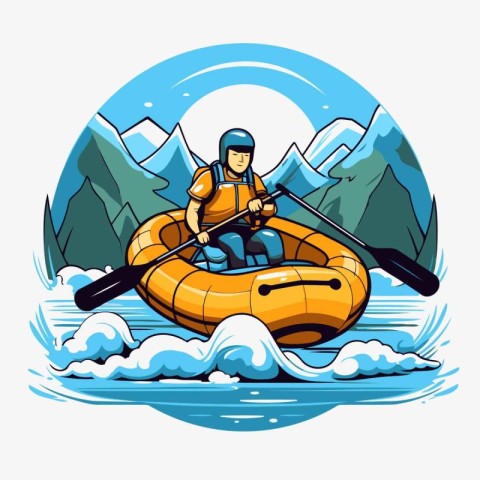 Man in a kayak on the background of mountains. Vector illustrati