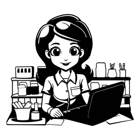 Woman working at the computer in the office. Black and white vec