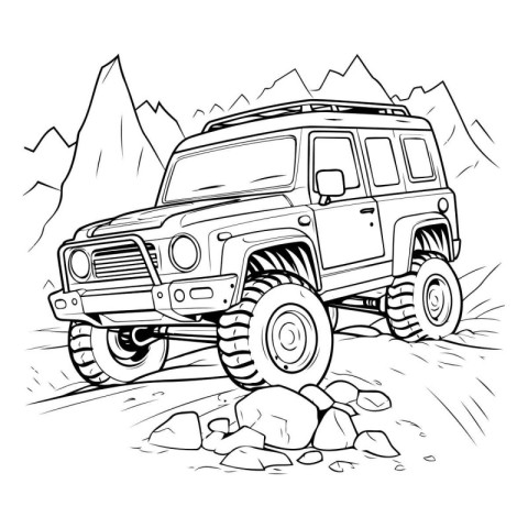 Off-road vehicle in the mountains. Black and white vector illust