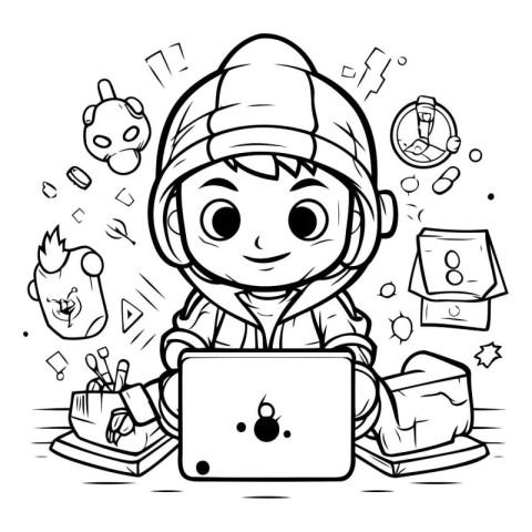 Black and White Cartoon Illustration of Kid Boy Using Laptop for