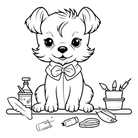 Cute puppy with a bow tie. Vector illustration for coloring book