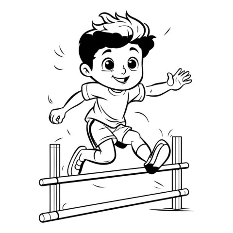 Boy jumping over hurdle - Black and White Cartoon Illustration.