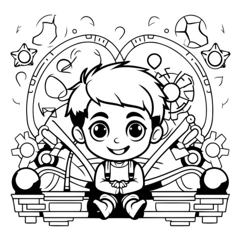 Black and White Cartoon Illustration of Cute Little Boy Sitting