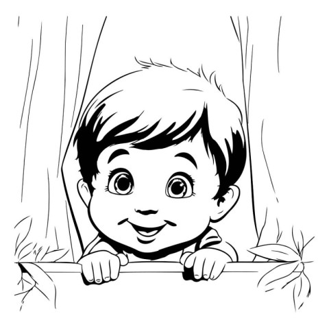 cute little boy peeking from behind the fence. black and white v