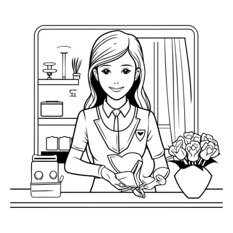 Flower shop woman cartoon in black and white vector illustration