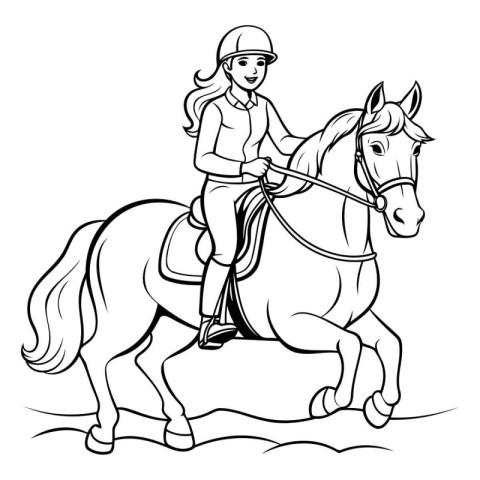 Girl riding a horse - black and white vector illustration for co