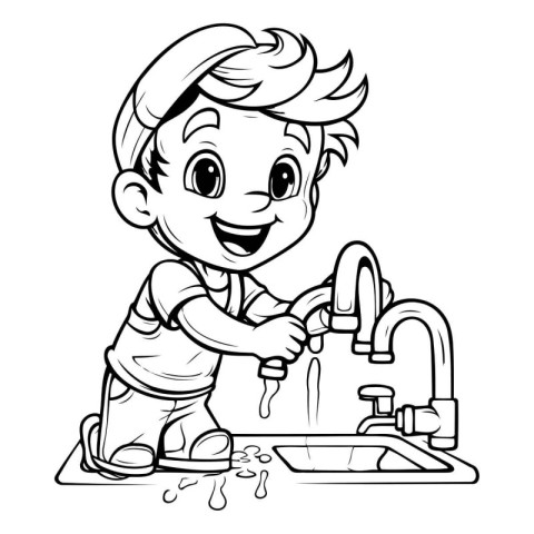 Black and White Cartoon Illustration of Little Boy Washing His H