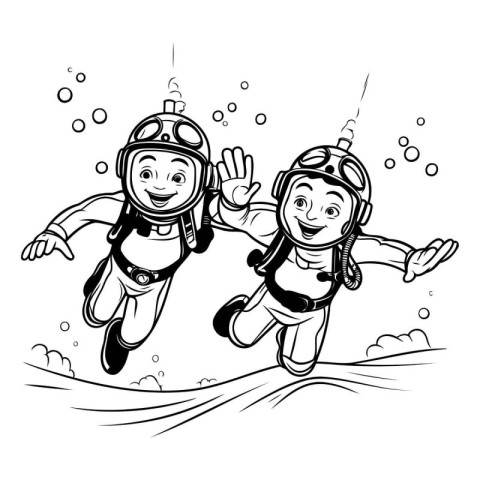 Diver boy and girl flying in the sea. Vector illustration.