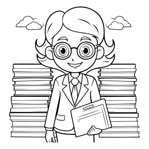 Businesswoman cartoon with pile of books. Black and white illust